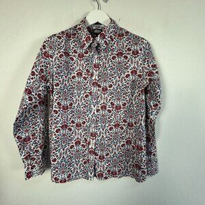 Lands' End Womens Floral No Iron Cotton Long Sleeve Button-Up Shirt Size 14 Red